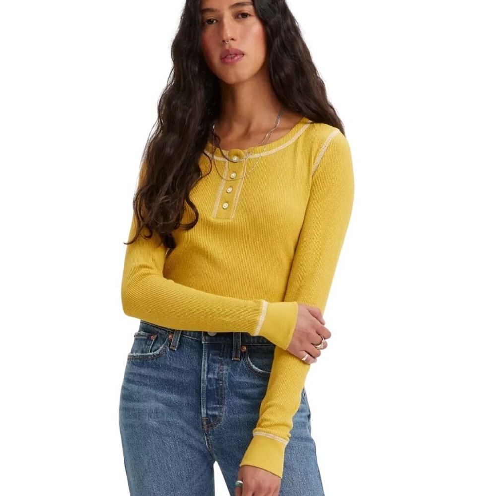 Levi Henley Women XL Golden Olive Sierra Waffle Knit Long Sleeve Top